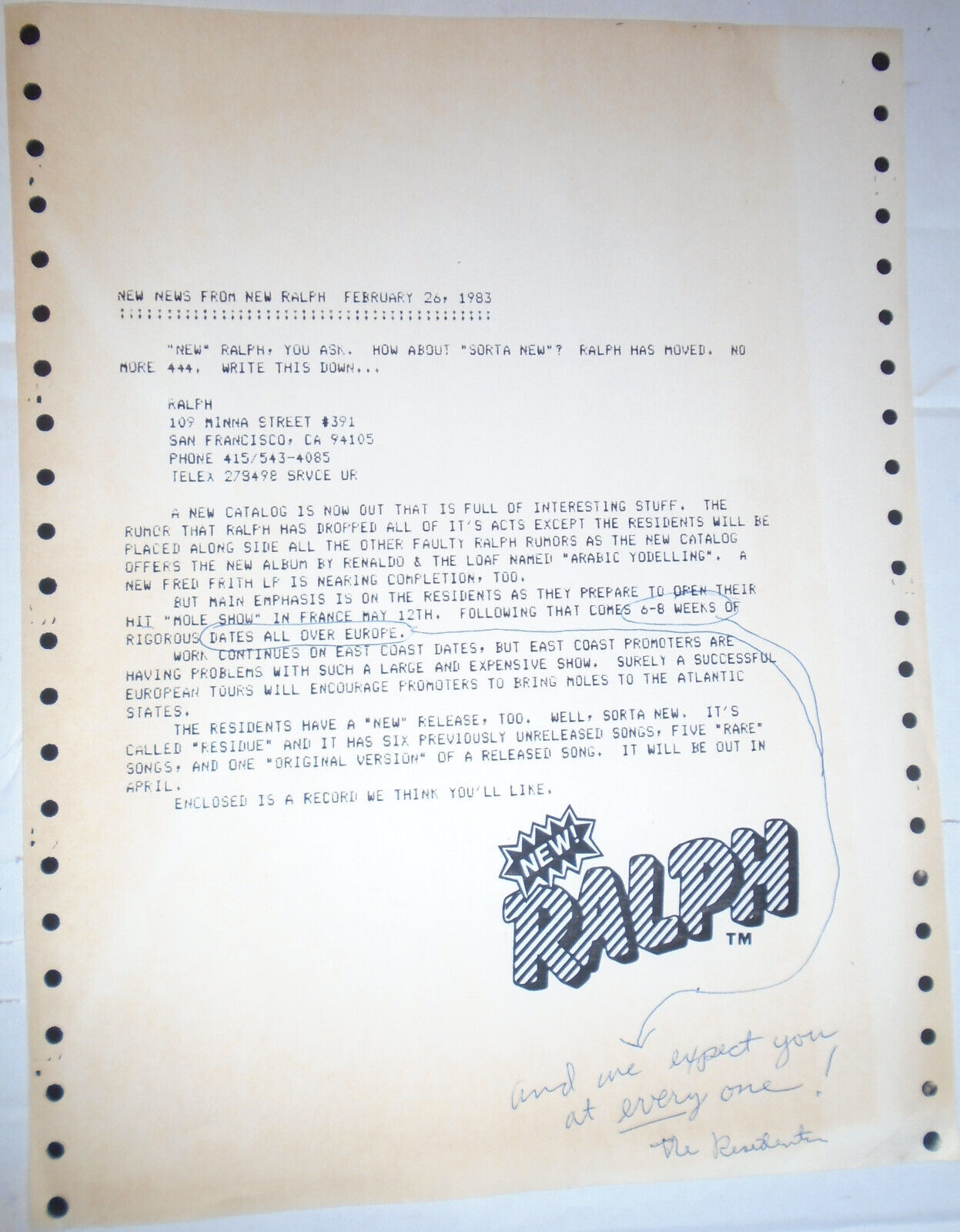 Hardy Fox inscribed press release, 1983 - SIGNED 