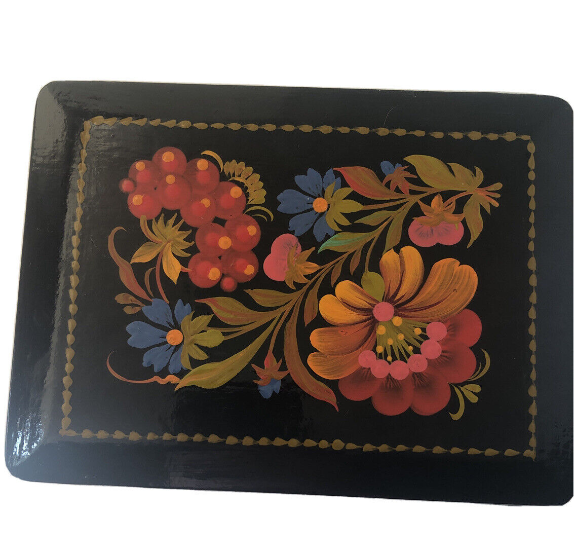 VTG Hand Painted USSR Black Lacquerware Flower Jewelry Trinket Box  