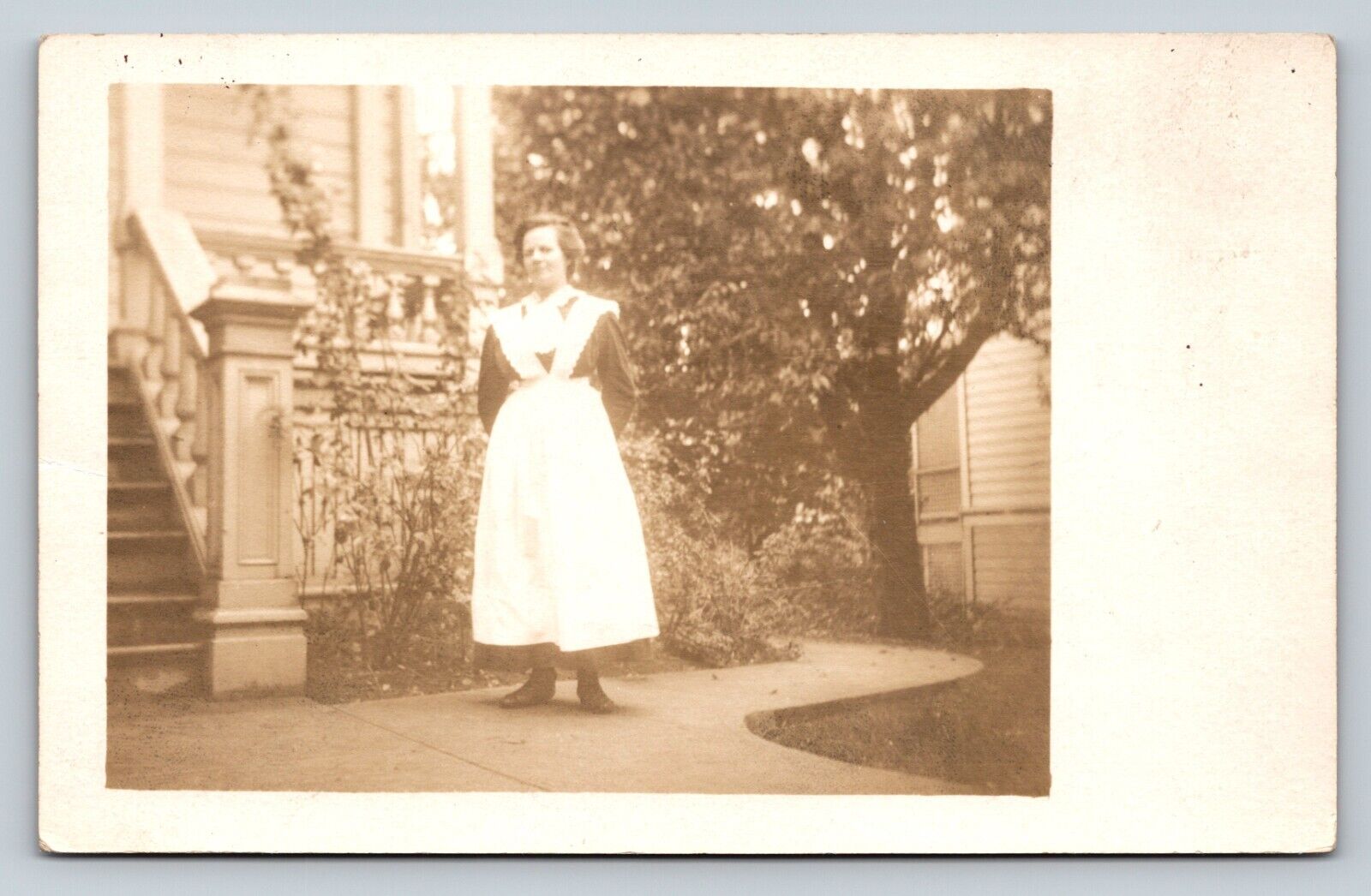 RPPC Lady Stands on Sidewalk By Front Steps AZO 1904-1918 ANTIQUE Postcard 1363