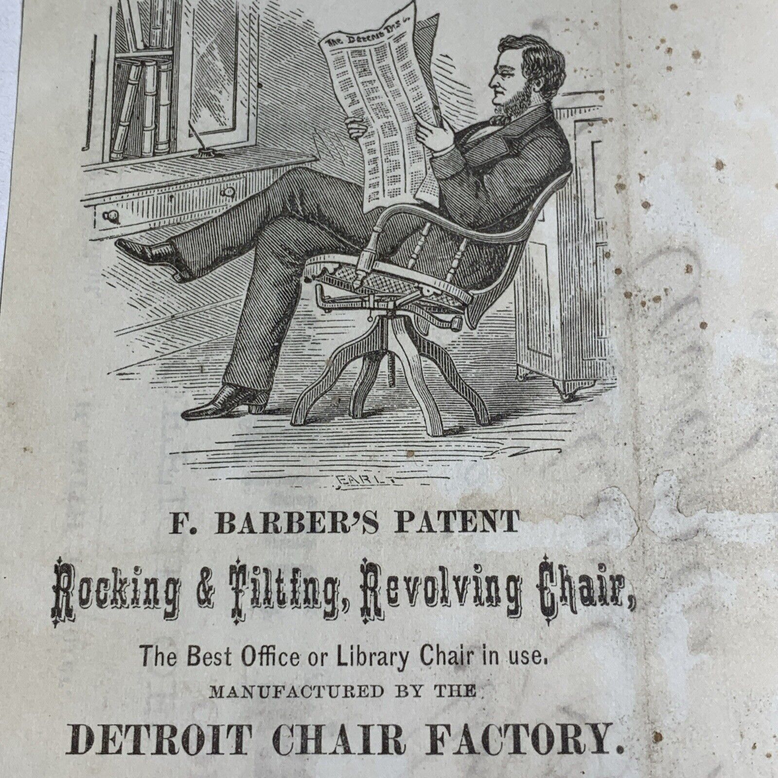 Detroit Michigan Letterhead 1876 Rocking Tilting Chair Mfr Ad Reverse Centennial