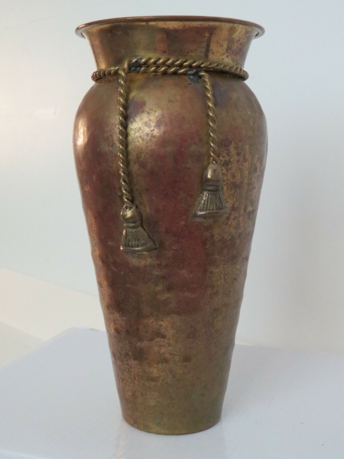 Vintage 9” Hammered Brass Vase with Decorative Brass Tassels
