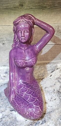 RARE Vintage Mermaid Sitting Large 12 inch  Ceramic Purple Siren Art Pottery