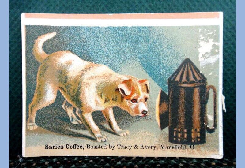 1881 antique victorian AD CARD SARICA COFFEE roasted by TRACY&AVERY mansfield oh