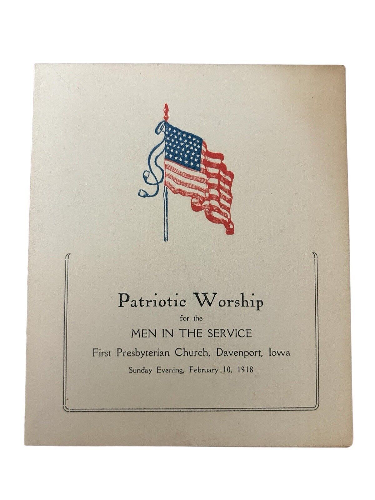 1918 WWI Patriotic Worship Service Program First Presbyterian Church Davenport