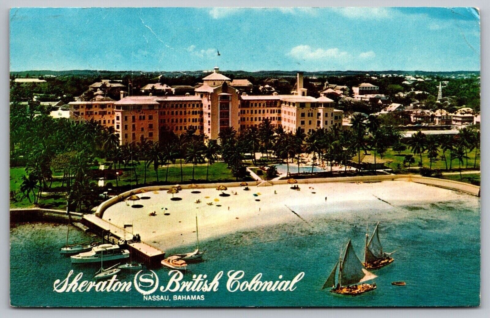 Sheraton British Colonial Nassau Bahamas Birds Eye View Sailboats Shore Postcard
