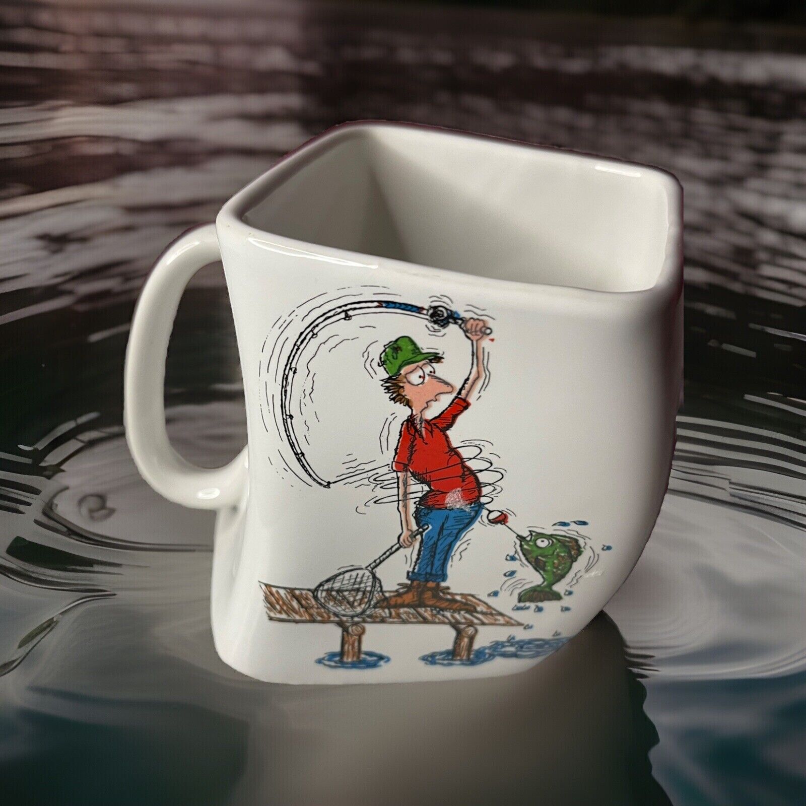 Vintage Humorous FLY FISHING Cartoon Mug \'THE RESULTS OF OVER CAST\' Square Twist