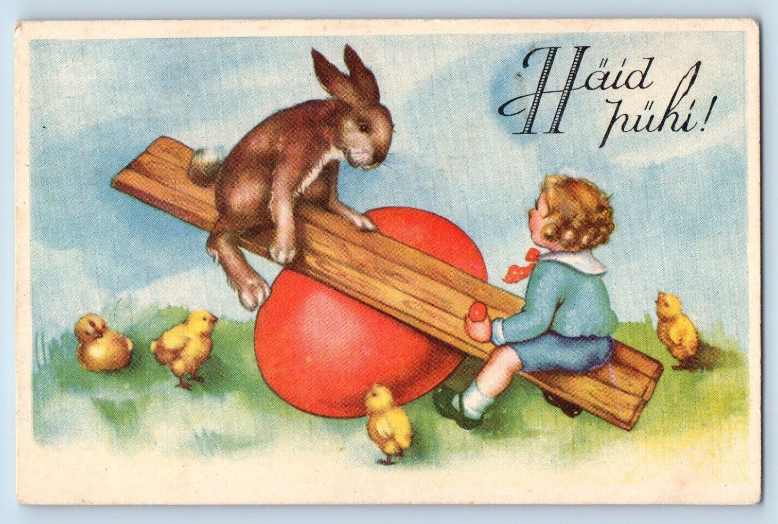 Latvia Postcard Easter Little Boy And Rabbit Playing See Saw Giant Egg Chicks