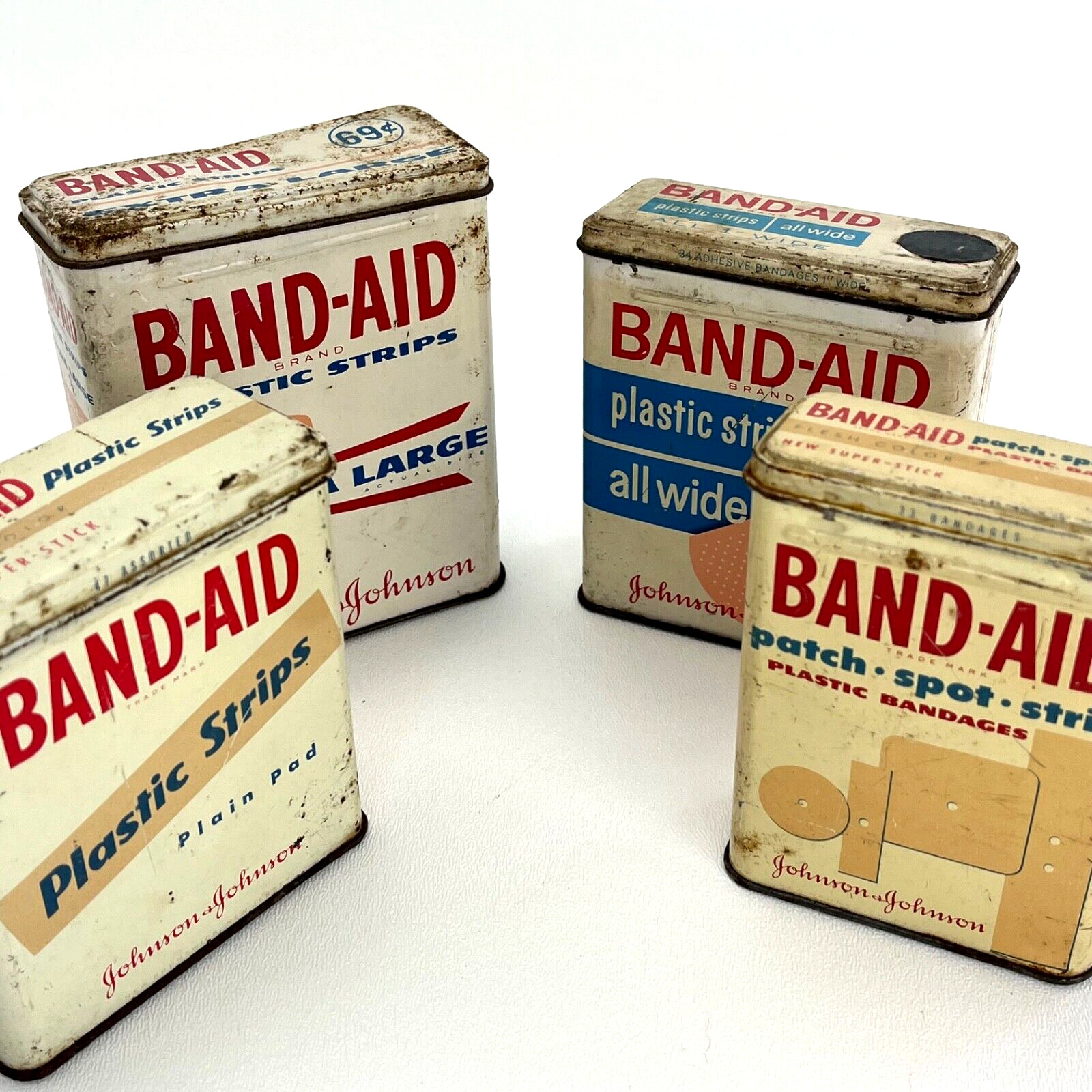 Vintage Metal Band Aid Tin Lot 4 Box Containers Johnson & Johnson 1960s - 70s