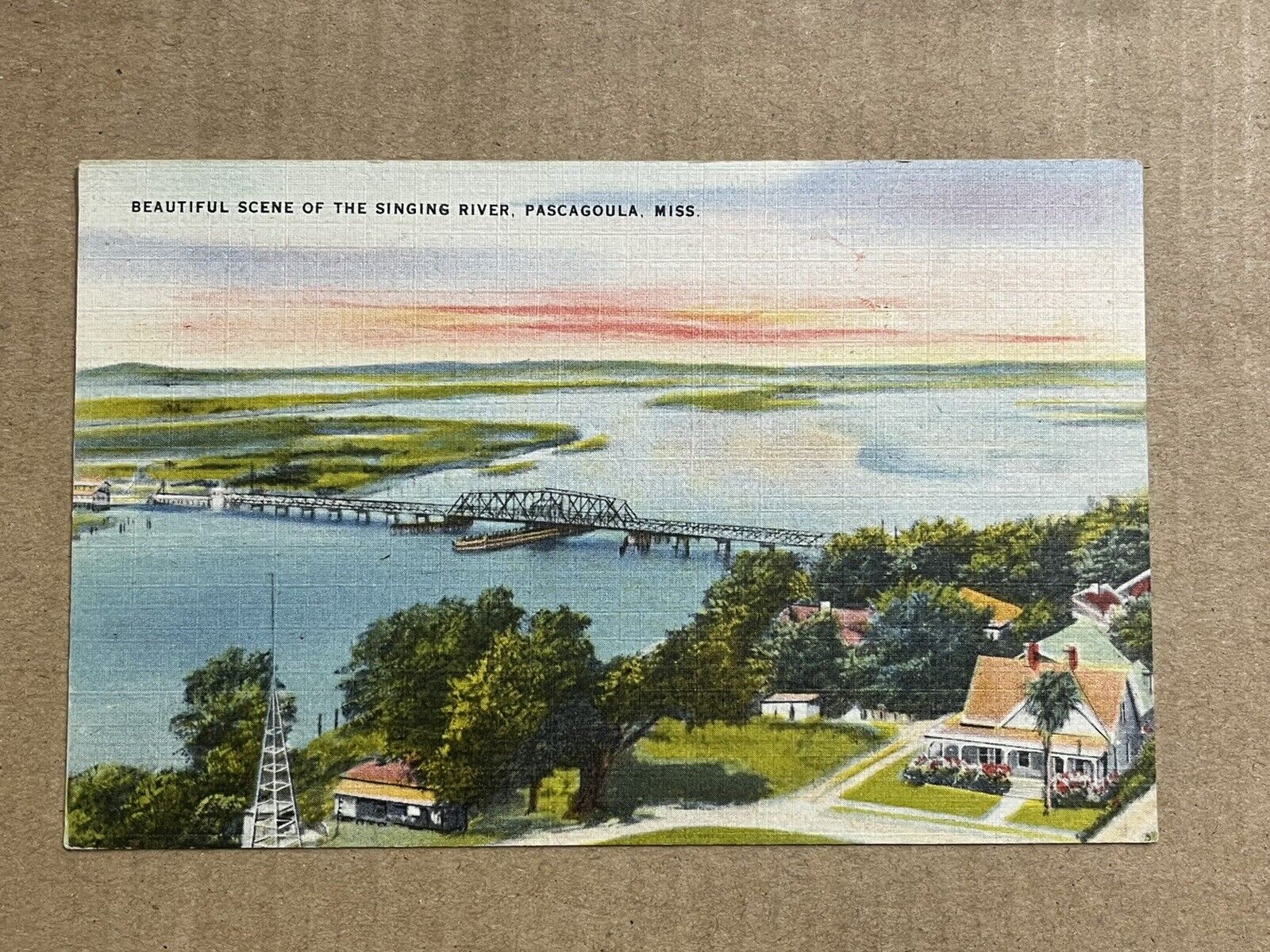 Postcard Pascagoula MS Mississippi Aerial View Singing River Vintage Linen PC