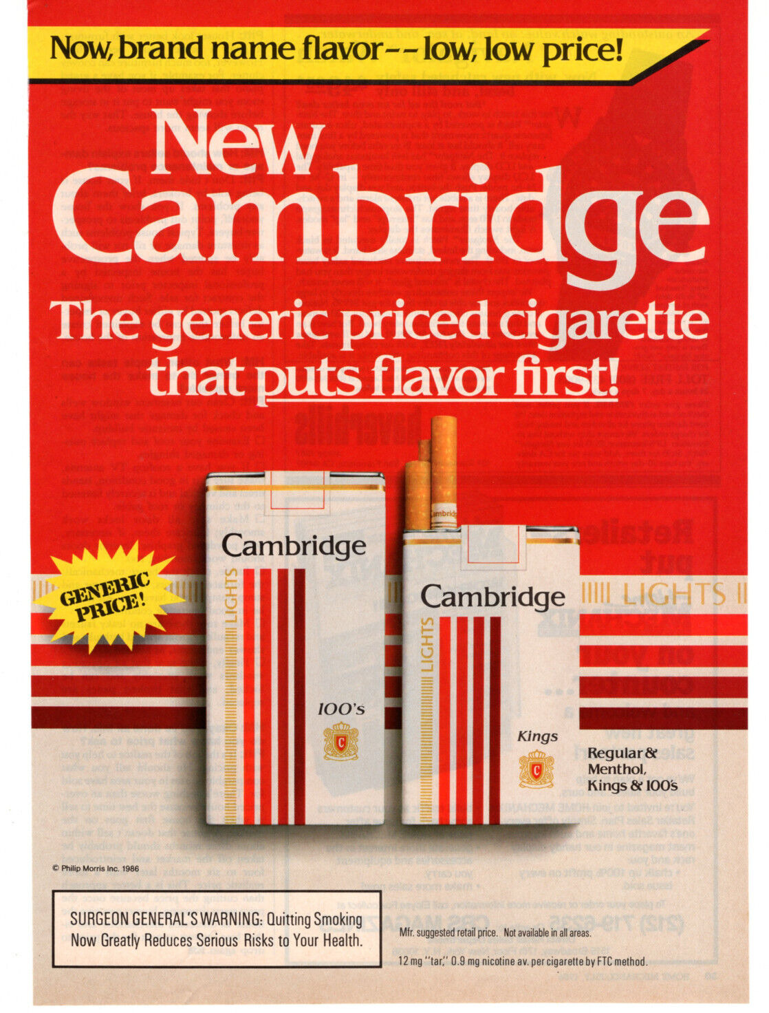 Cambridge Cigarettes Smoking 1986 Vintage Print Ad Original Man Cave Bar Decor