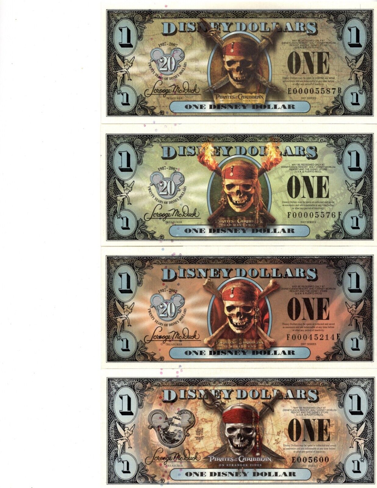 Very Scarce Set of All 4 2007 & 2011 Pirate of the Caribbean Disney Dollars