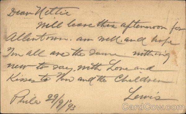 Postal Card 1893 Handwritten Note Pioneer Postcard Vintage Post Card