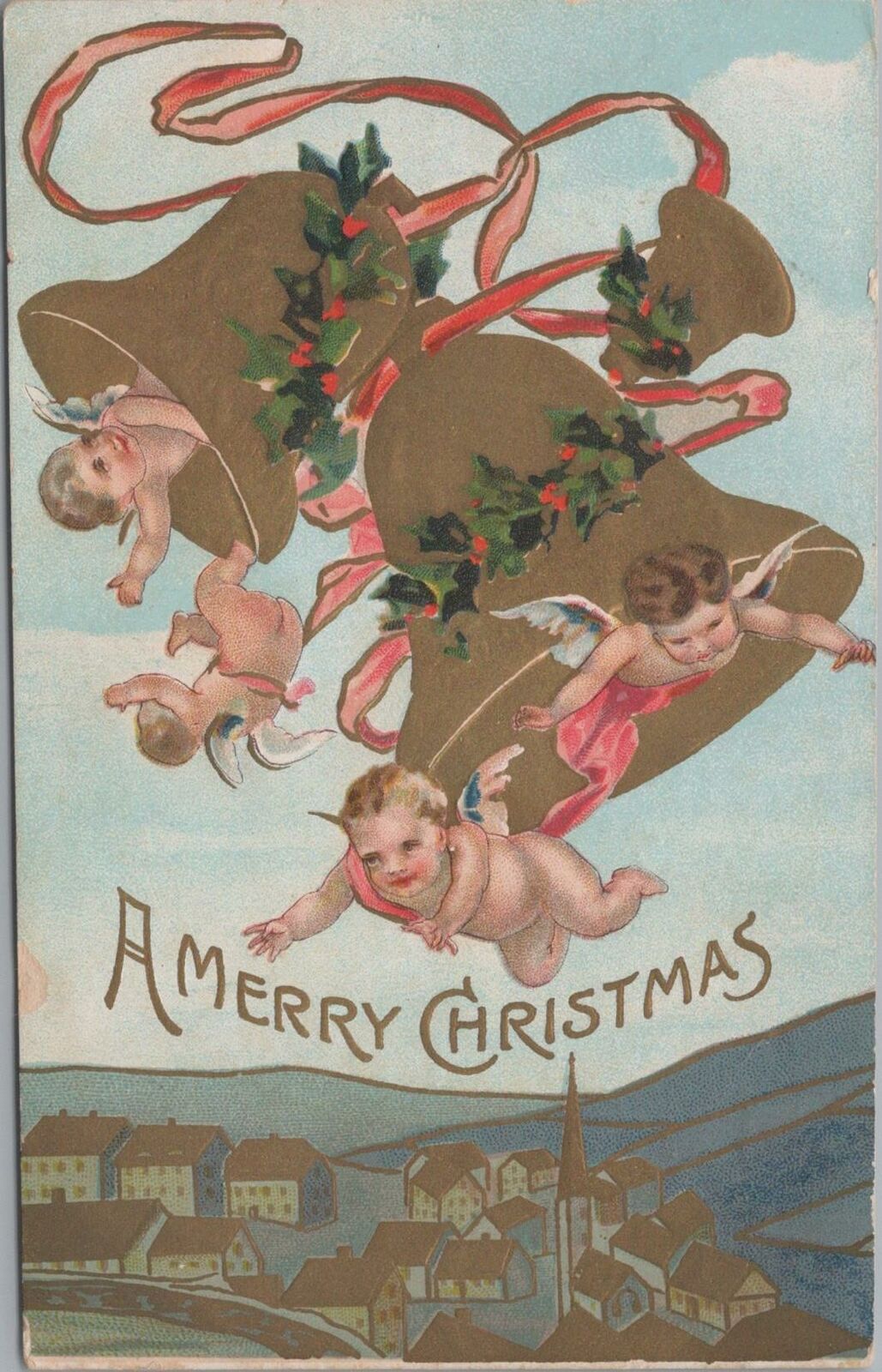 Postcard A Merry Christmas Small Angels Flying with Bells 