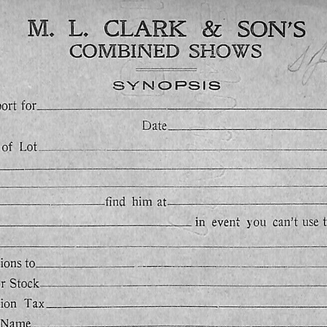 Scarce c1920's M.L. Clark & Son's Combined Shows Circus Unused Synopsis Form
