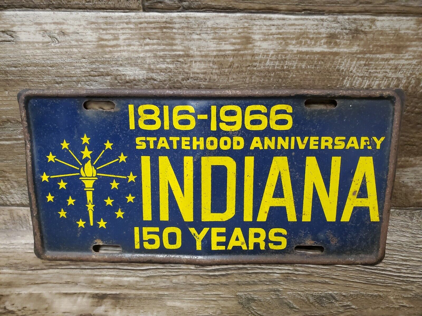 VINTAGE INDIANA 1816-1966 STATEHOOD ANNIVERSARY 150 YEARS BOOSTER LICENSE PLATE