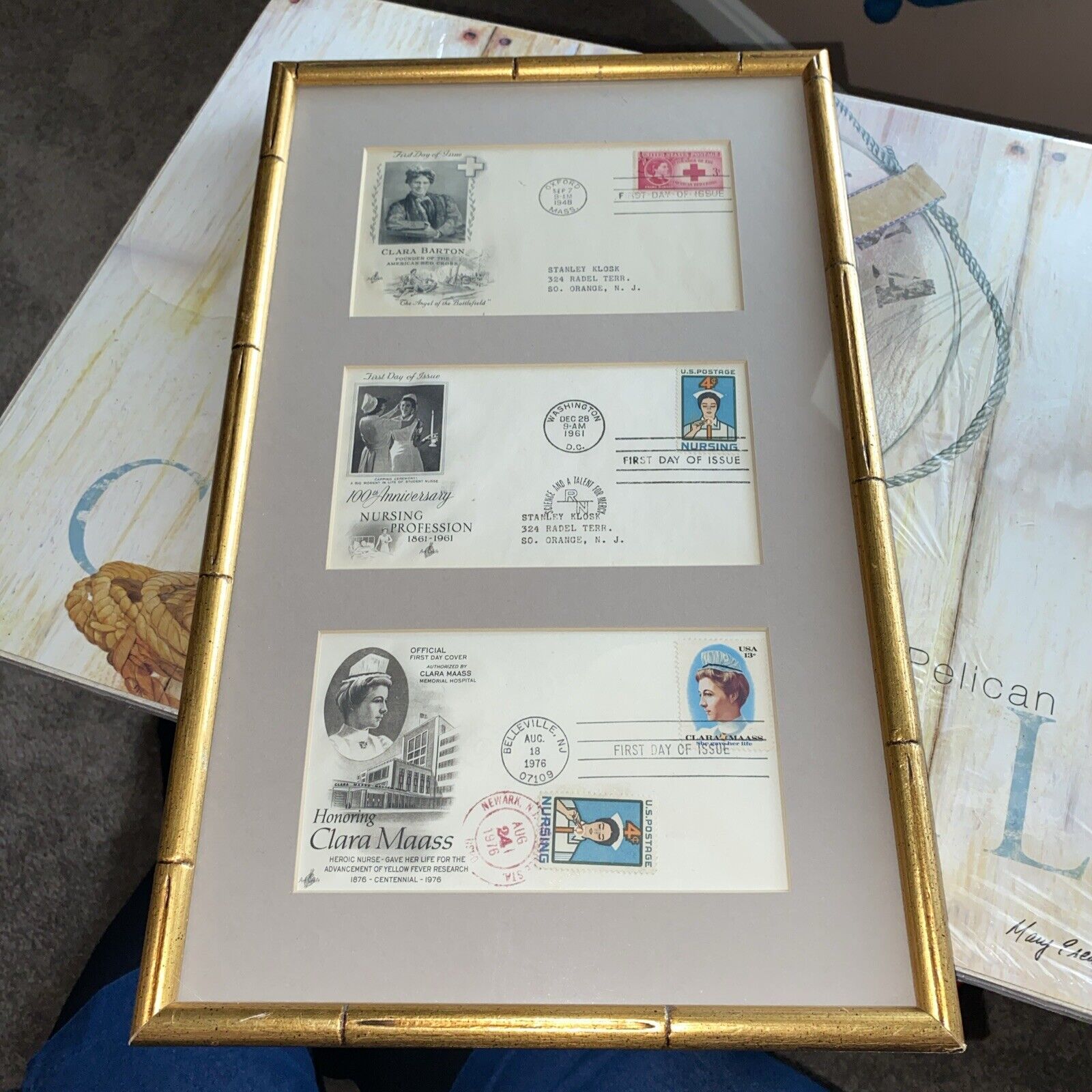 Vintage Nursing Memorabilia Stamps Framed Clara Barton  16” By 10”