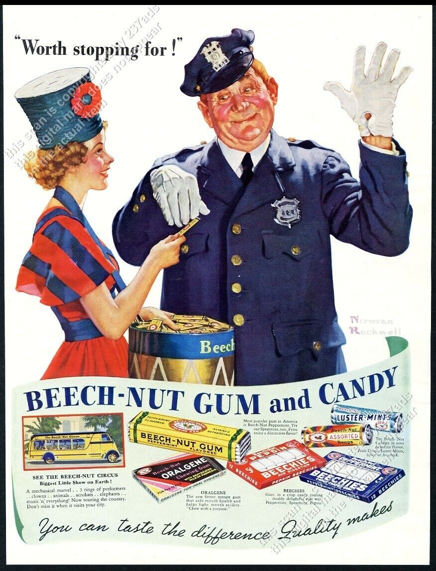 1937 Beech Nut gum candy Norman Rockwell cop drum majorette art vintage print ad