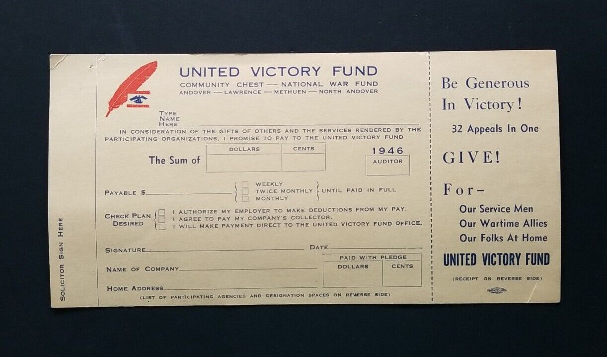 Post WW2 1946 United Victory Fund PLEDGE CARD ~ National War Fund ~ Military