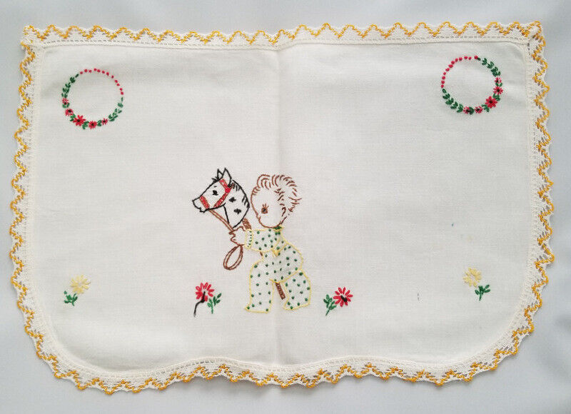 Vtg Hand Embroidered  Nursery Baby Child Dresser Scarf Runner HOBBY HORSE & BABY