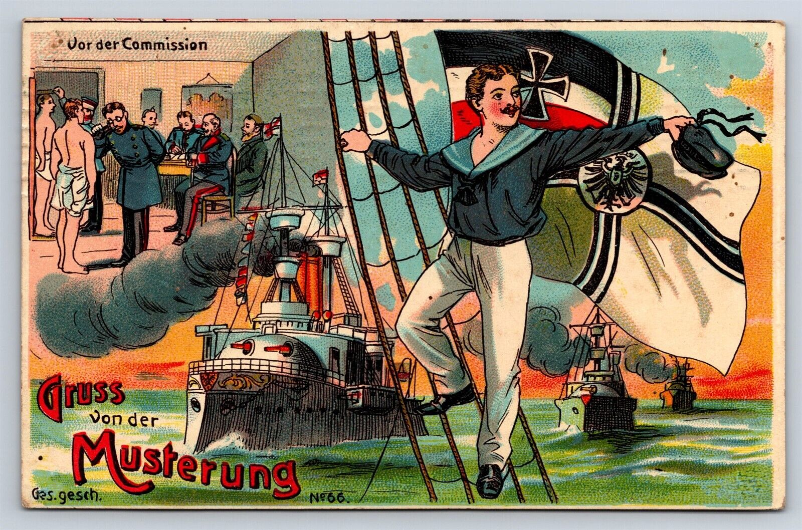Postcard Germany Gruss von der Musterung Muster Marines Ship Sailor 1911 AN23