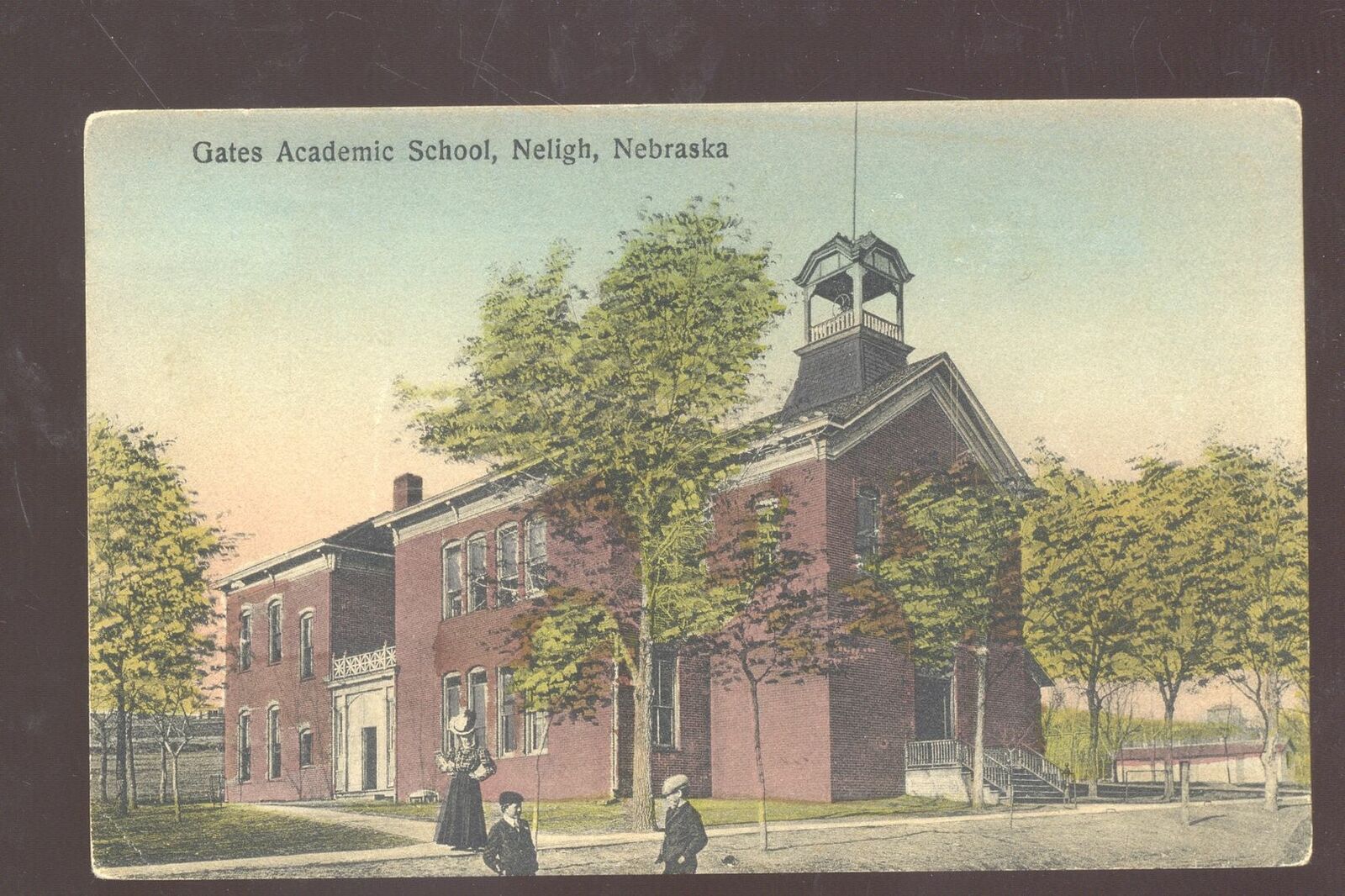 NELIGH NEBRASKA GATES ACADEMIC SCHOOL BUILDING VINTAGE POSTCARD 1910