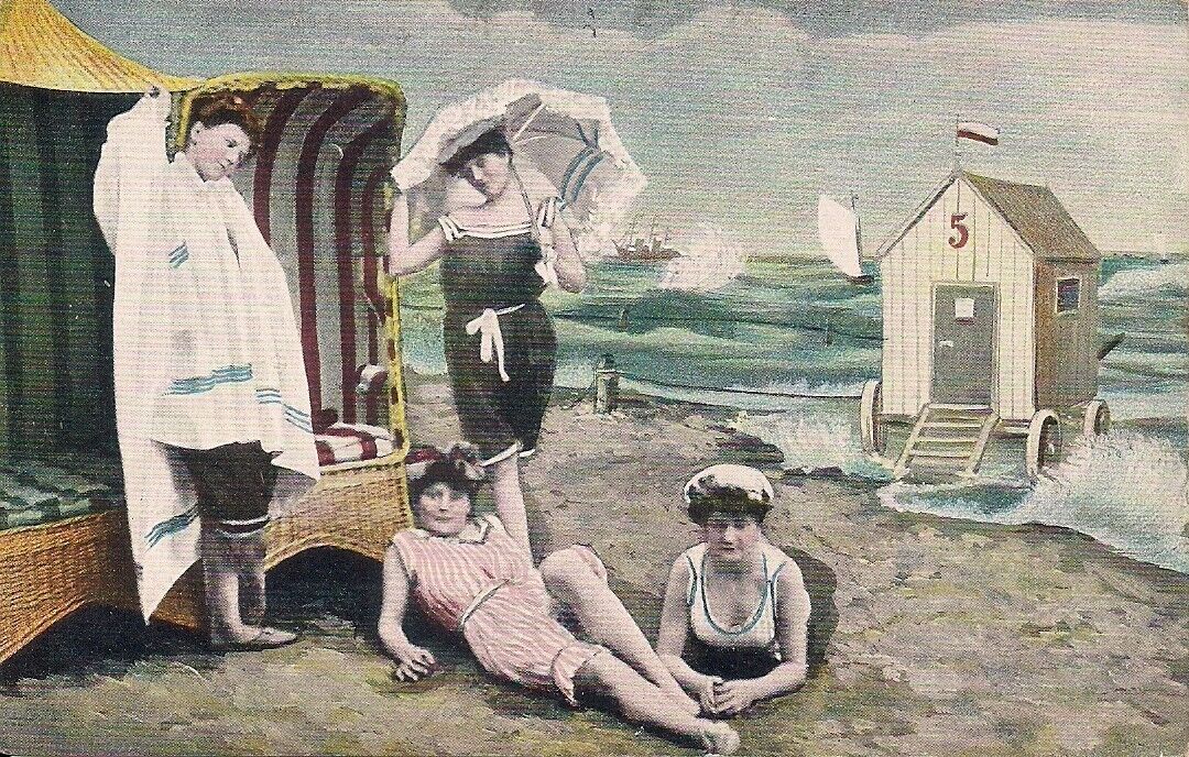 Beautiful Women on Beach, Group,Umbrella 1910\'s Swimsuit, Sexy Girls