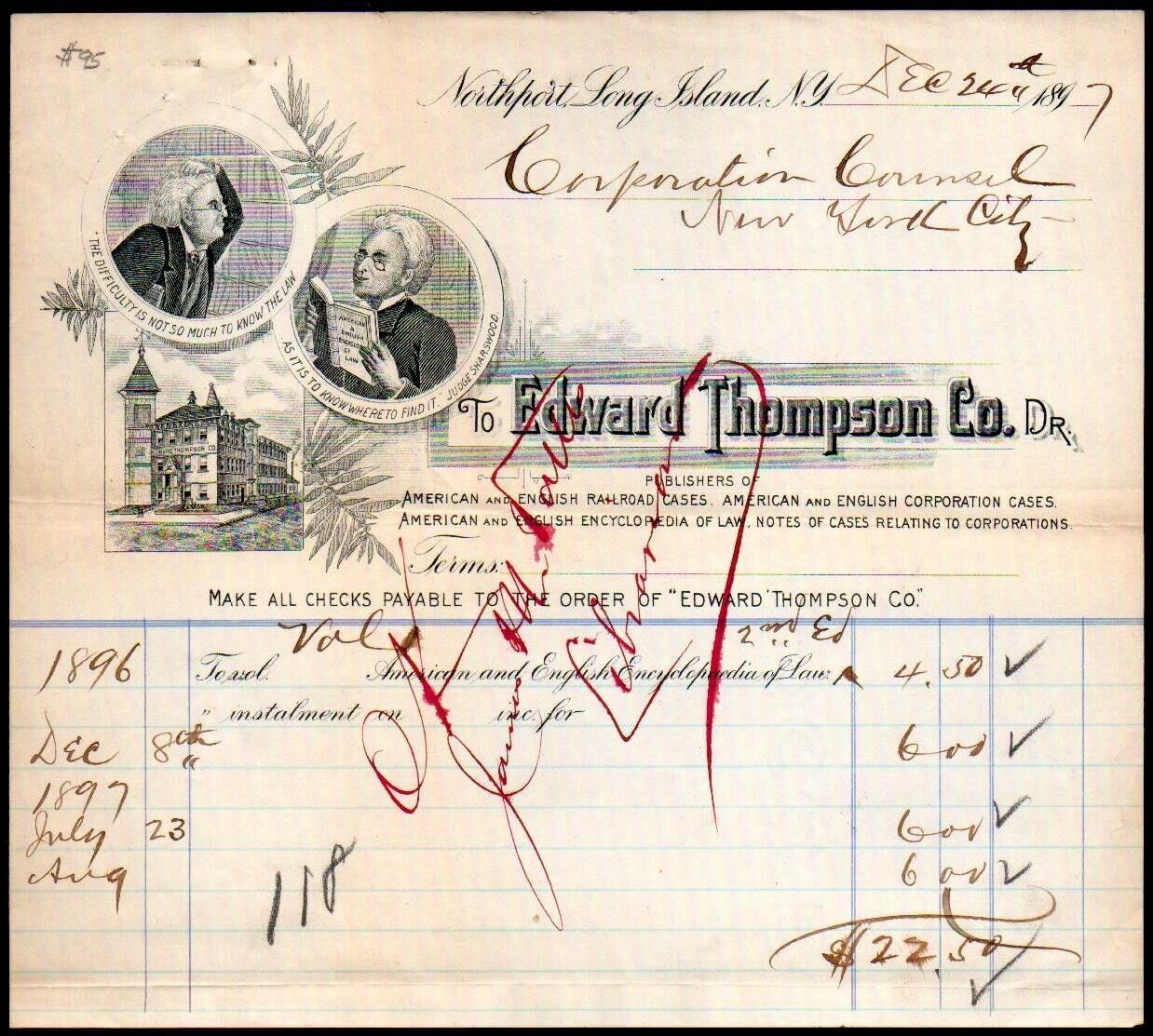 1897 Northport  NY - Law Books - Edward Thompson Co - EX RARE Letter Head Bill