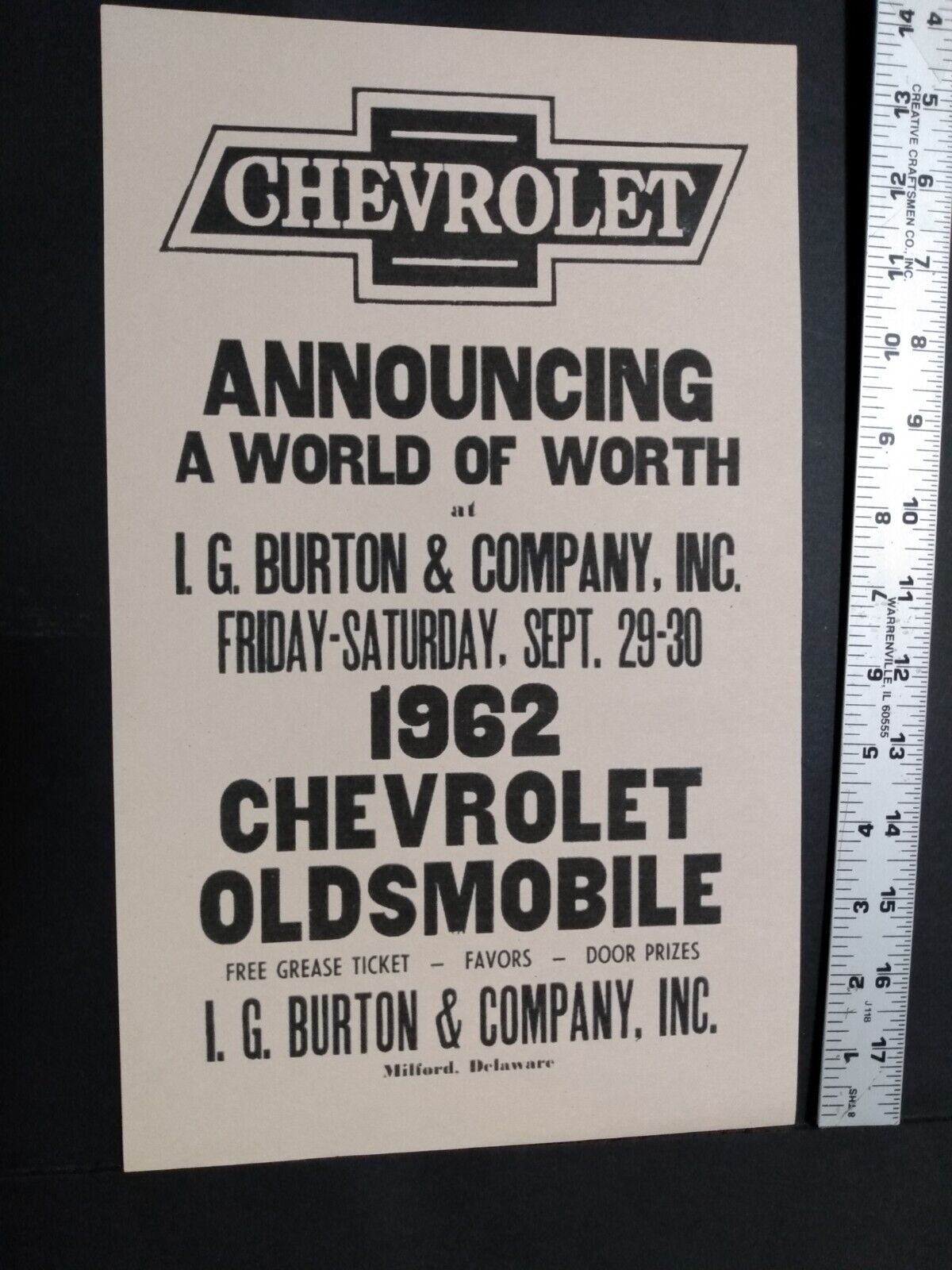 1962 Oldsmobile Chevrolet Broadside Milford Delaware Chevy Car  8.5 X 14 In