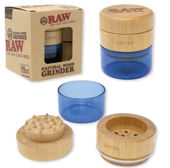 New RAW Rolling Papers NATURAL WOOD GRINDER - BLUE GLASS - 65mm - Fine Grind