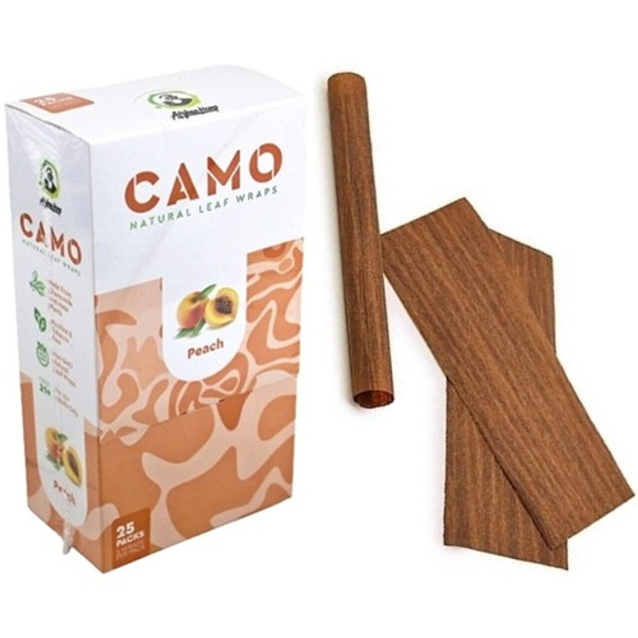 Camo Natural Leaf Wraps PEACH Self Rolling Herbal Wraps 25 Packs, Full Box