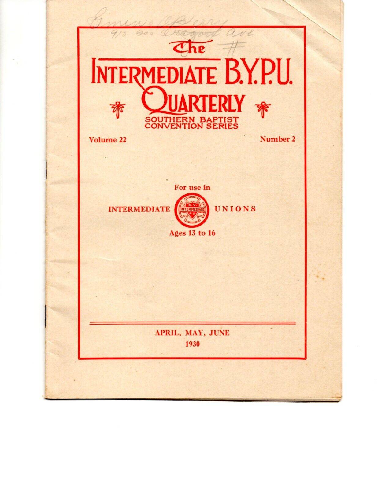 Vintage Intermediate BYPU Quarterly Booklet 1930 Southern Baptist Series F217
