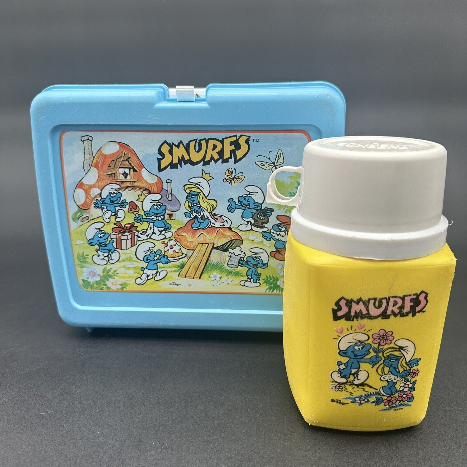 Vintage 80s Smurf Lunch Box w/ Yellow Thermos, Top and Cup Made in  USA