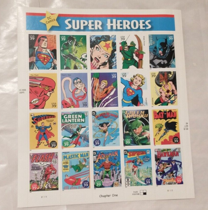 2005 DC Comics Super Heroes Single 20 Stamp Sheet NM+ Condition 39 Cent Stamps