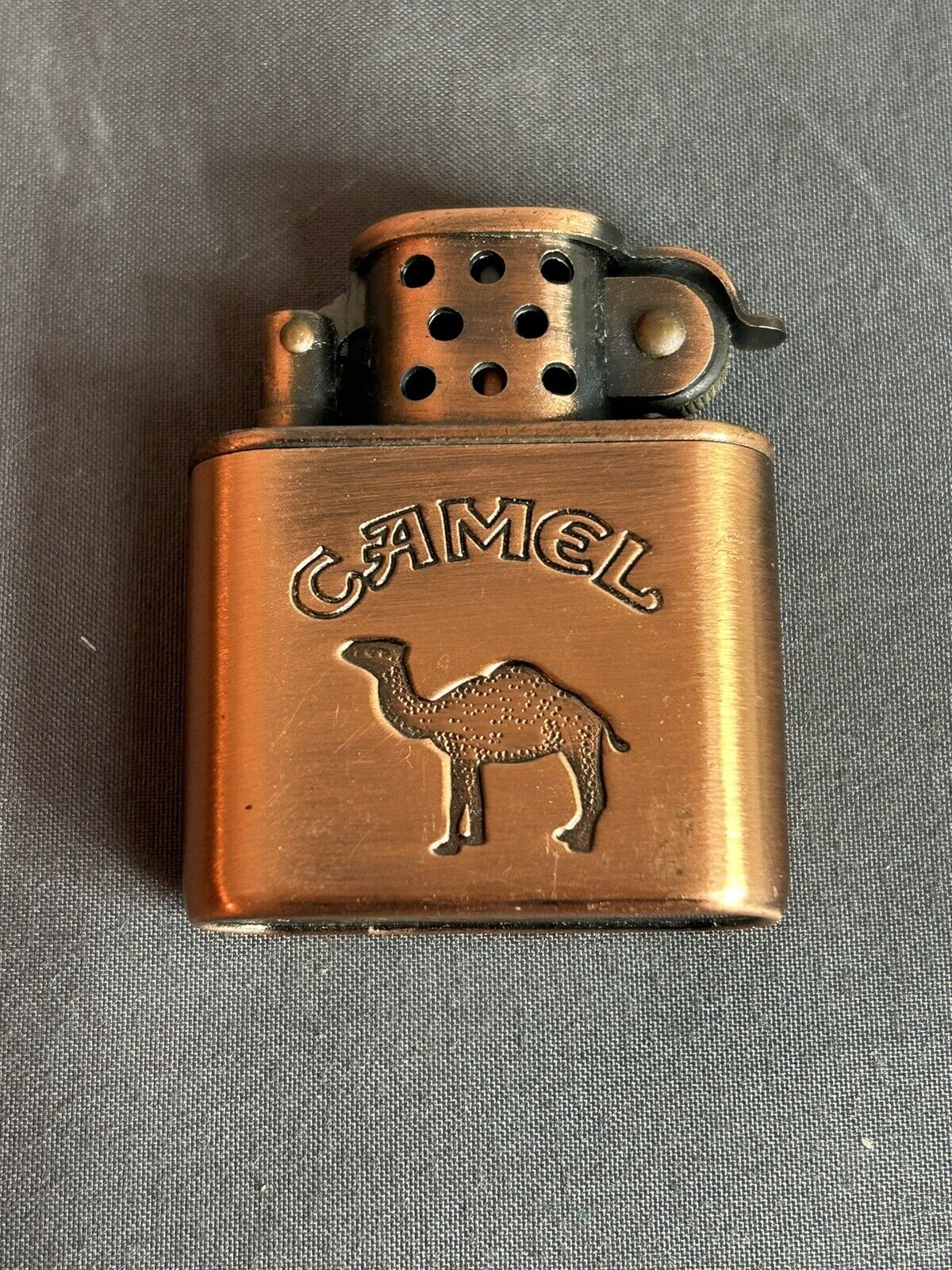 Vintage Camel Cigarettes Brushed Copper Lighter Working Condition/Needs Fluid