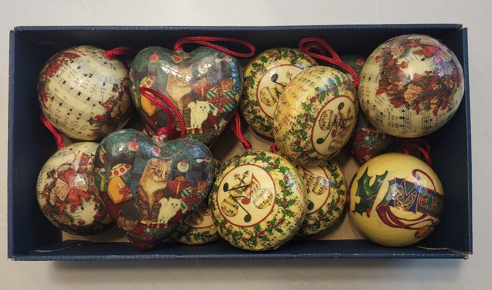 vtg. (13) paper mache assorted Christmas ornaments. Made in Taiwan