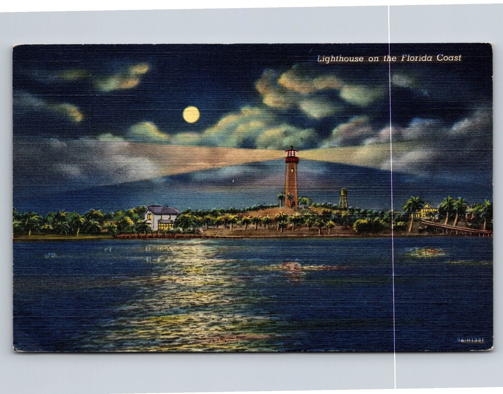 Postcard Florida Lighthouse on the Coast at Night c1946 9V