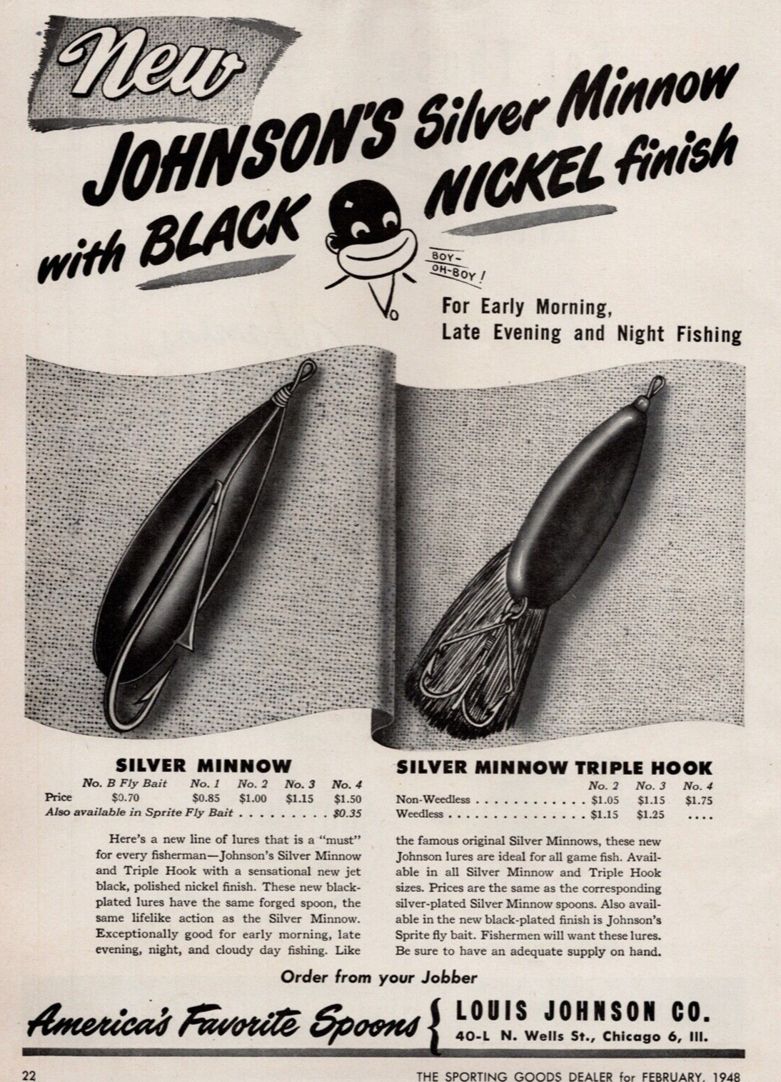 1948 Johnson\'s Silver Minnow With Black Nickel Finish  Print Ad