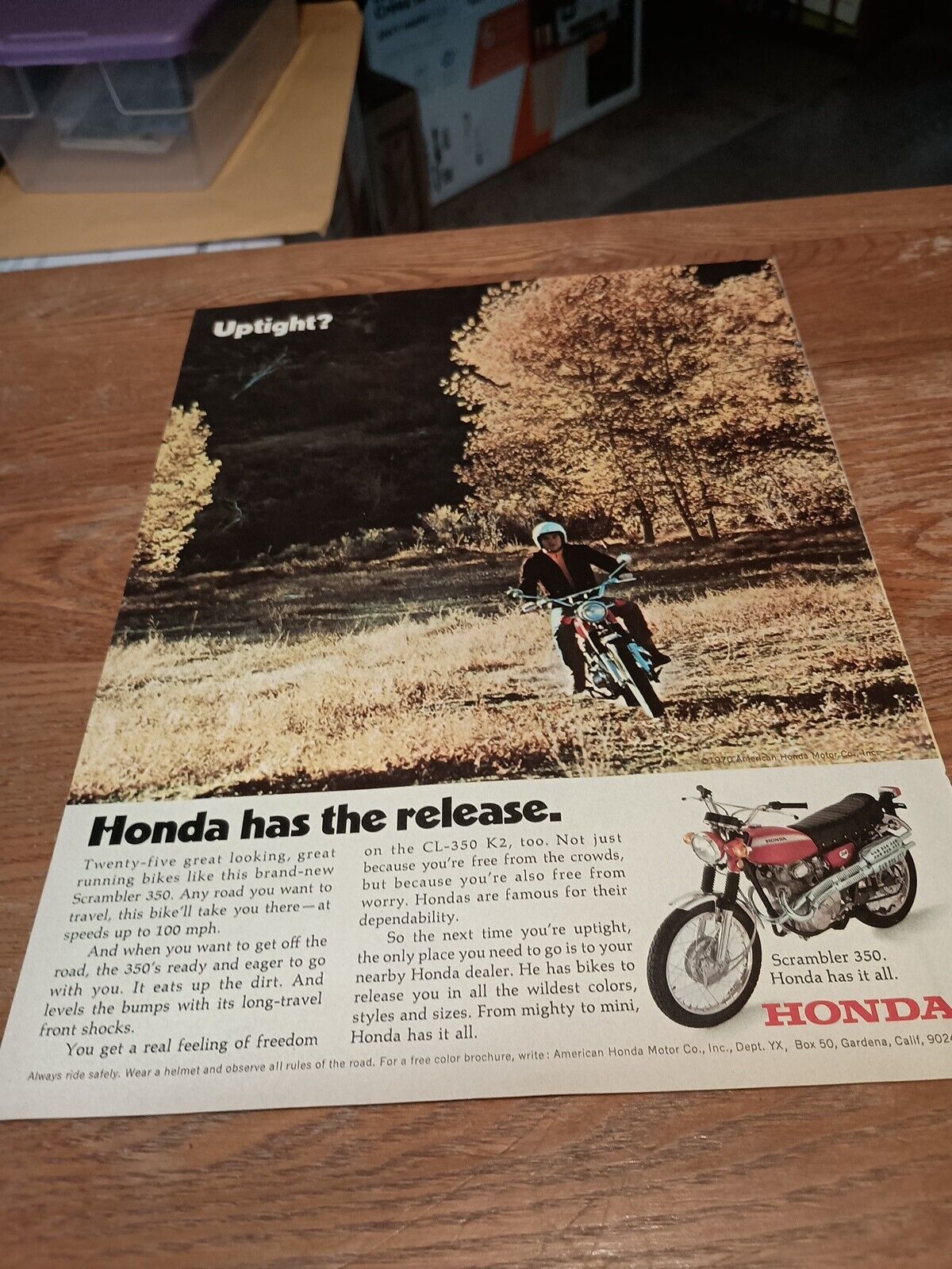 1970 Honda SCRAMBLER 350 motorcycle photo vintage print Ad