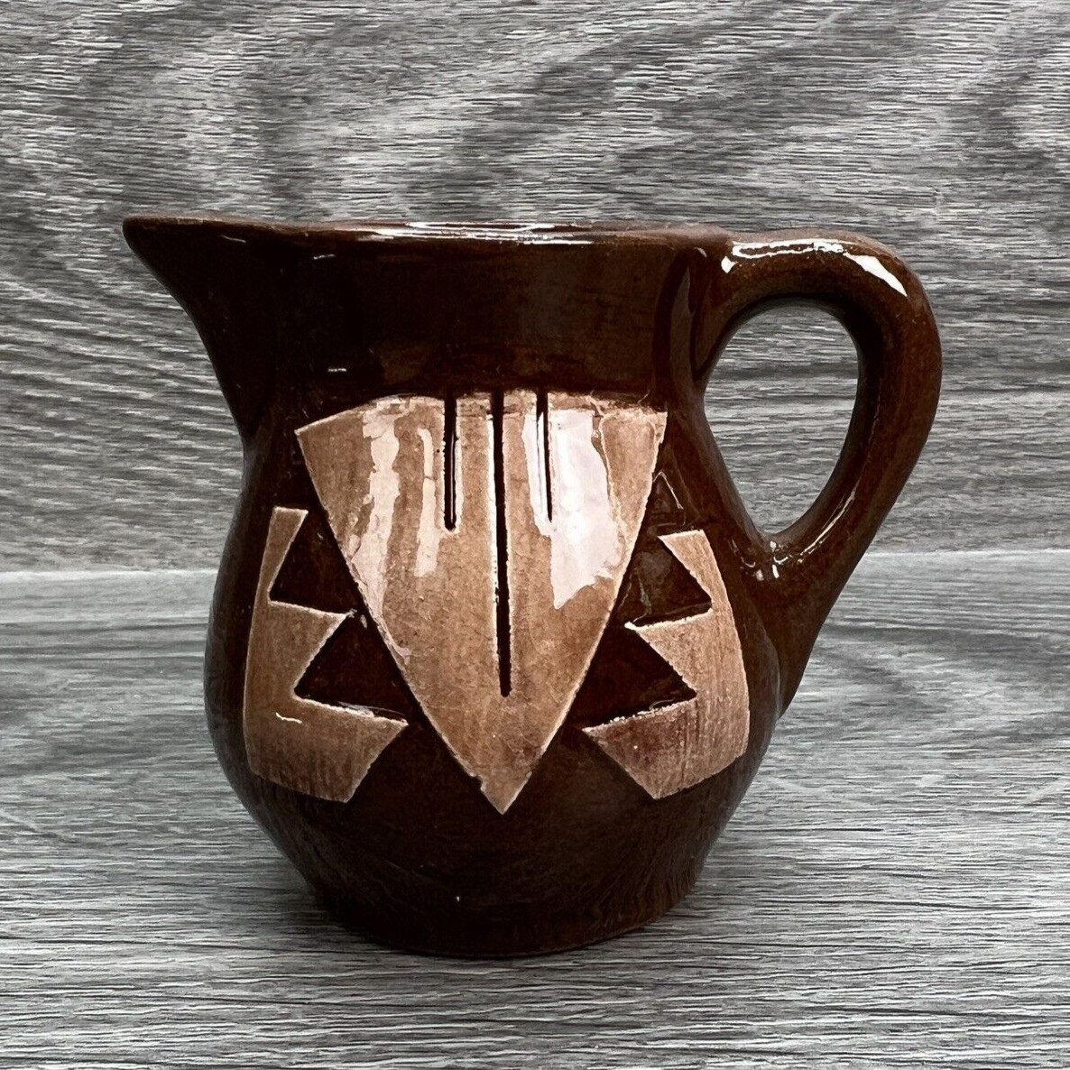Native American Brown Pottery Creamer Small Pitcher M Black Tail Deer SD Artist