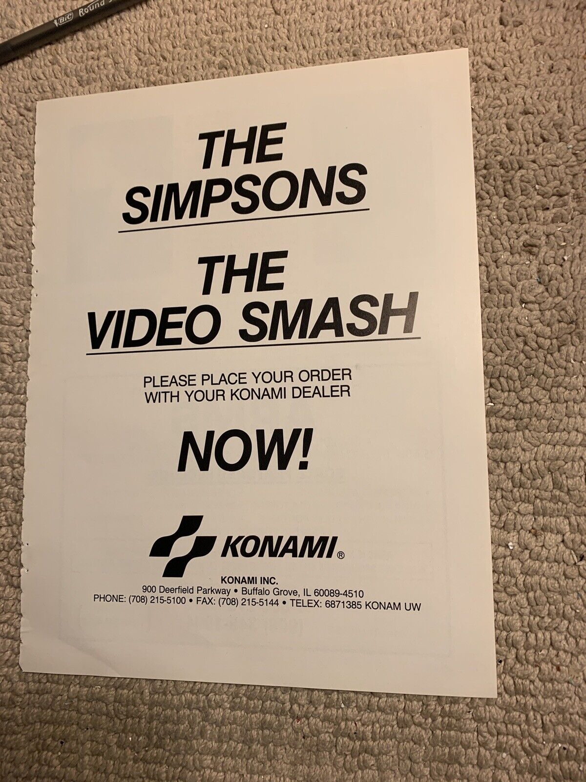 11- 8 1/4'' The Simpsons Smash hit Konami arcade  video game AD FLYER