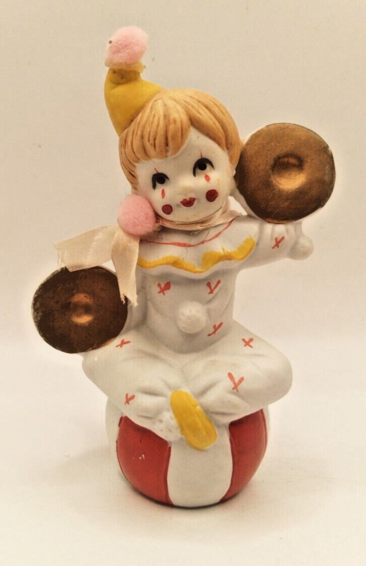 Ceramic Clown Musician on Striped Ball Figurine Made in Taiwan