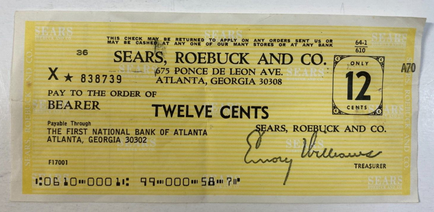 Sears Roebuck and Co. 12¢ Check Uncashed Atlanta Georgia Vintage
