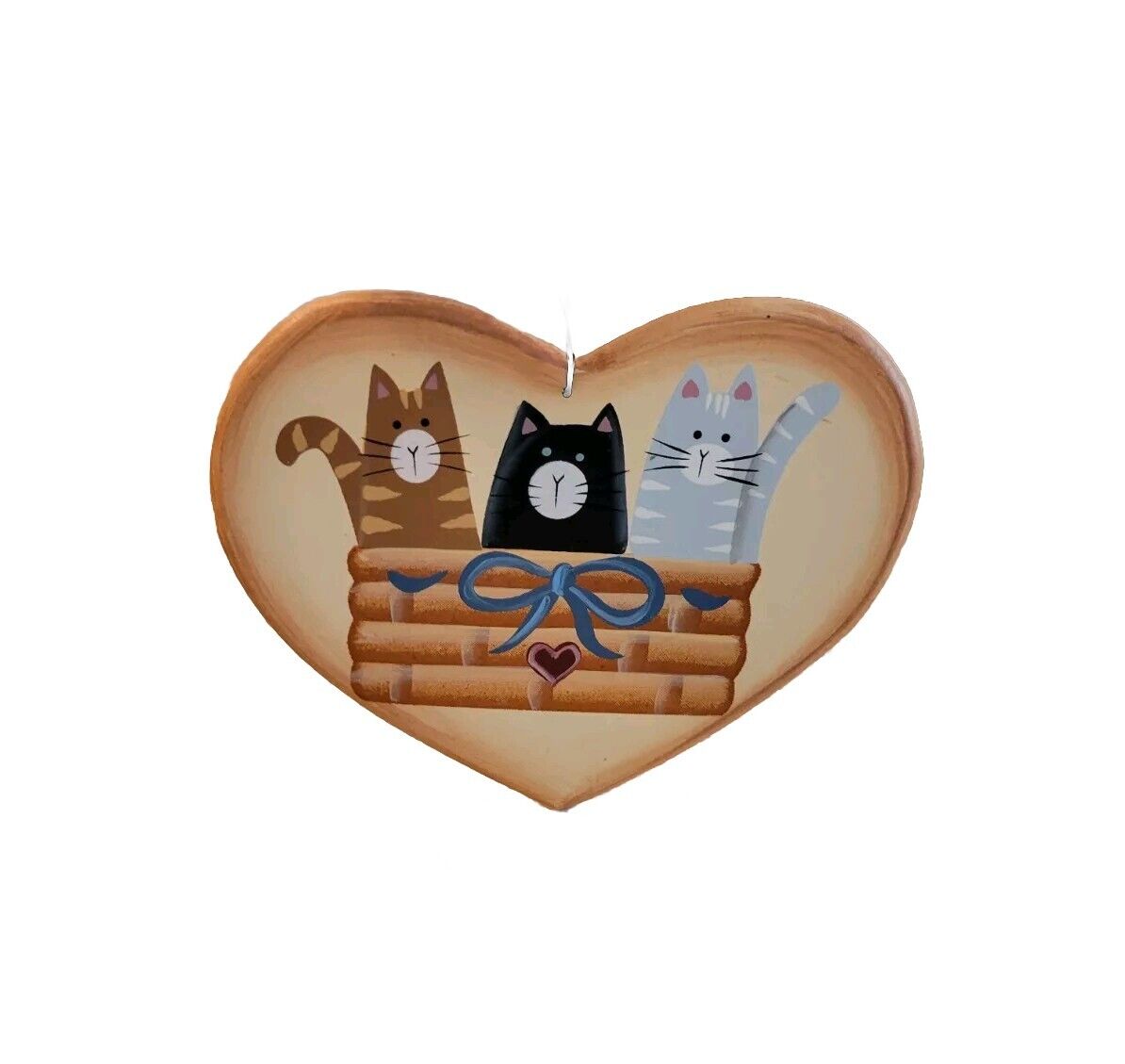 😺EUC \'VTG\' Distressed 3 Cats In A Basket \'80s Farmhouse Christmas Ornament