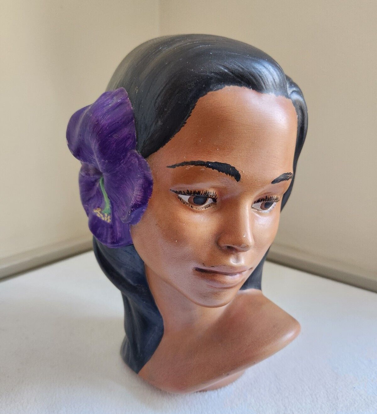 Vintage Ceramic Hawaiian Polynesian Woman Head Bust, MCM Art Signed 1966