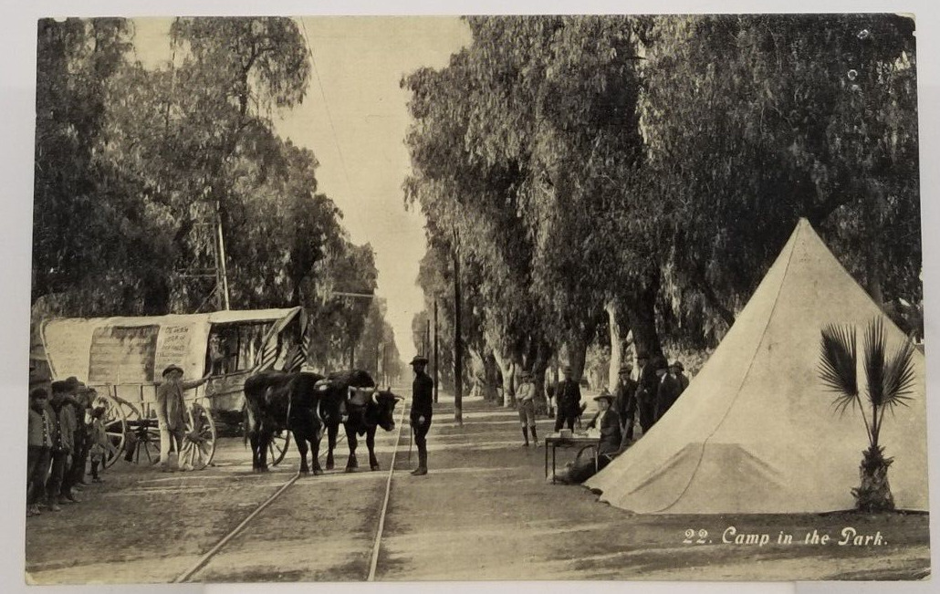 1910 CAMP IN THE PARK Euclid Ave in Ontario California Tent Wagon Postcard