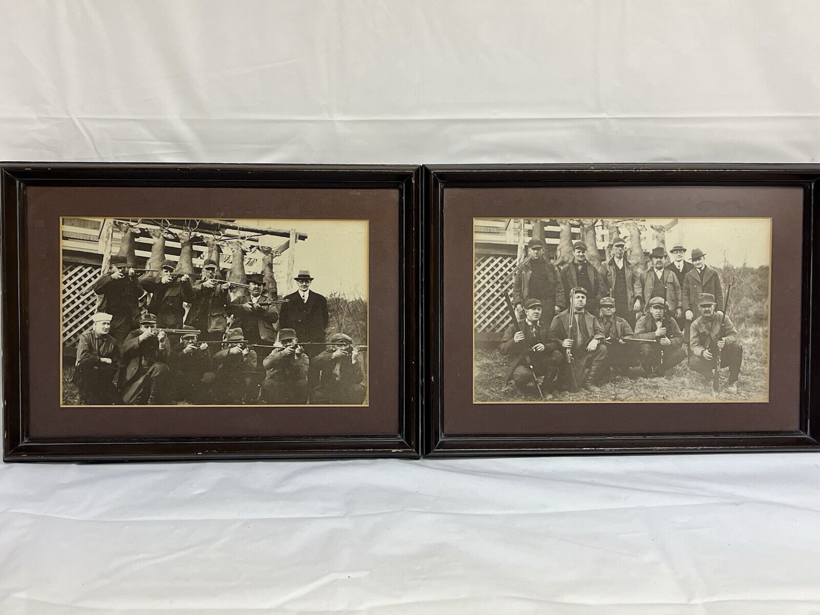 Pair of Antique Framed Matted Photos of Men with Hunting Rifles Deer Camp