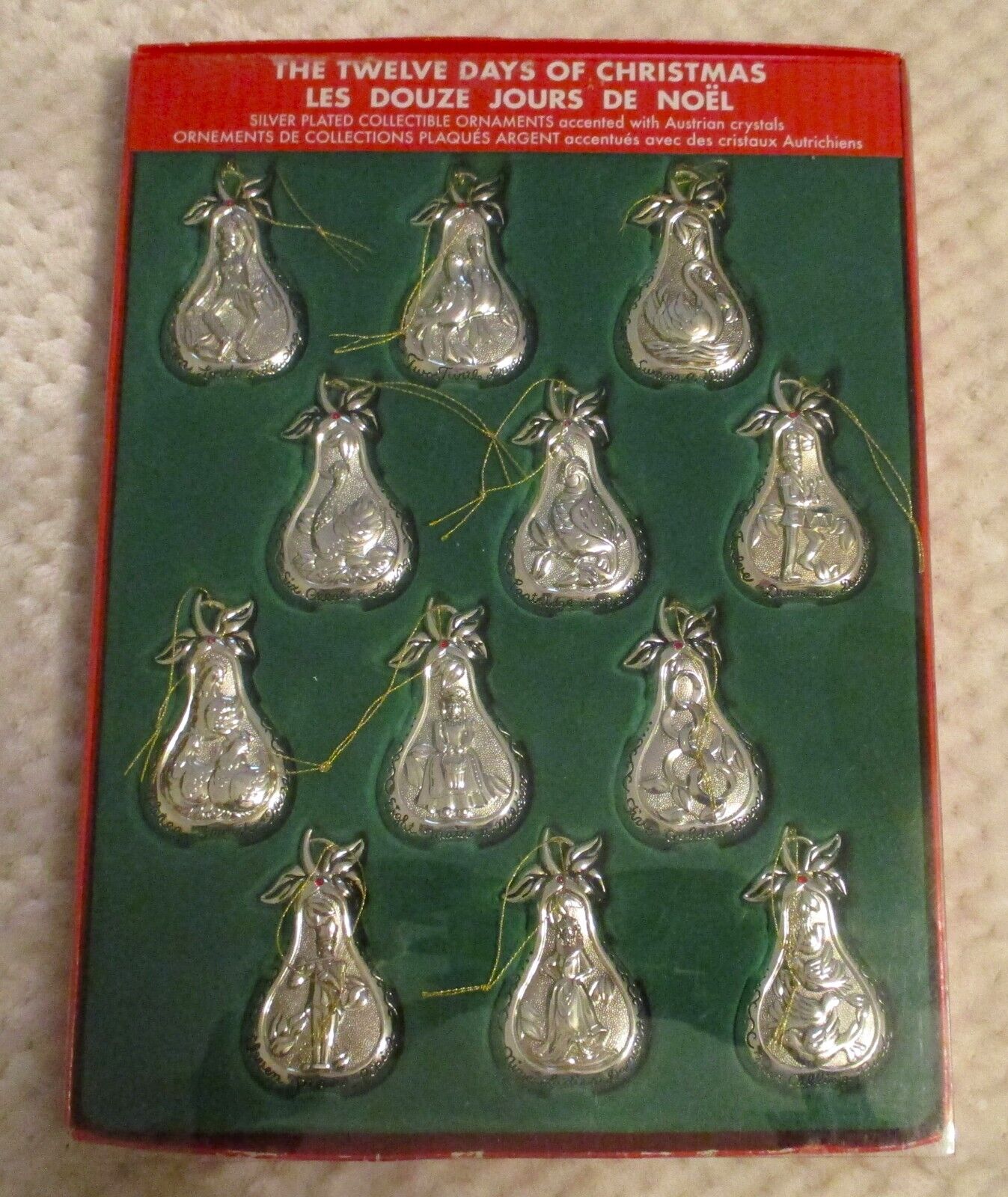 Vintage 12 Days Of Christmas Ornaments, Silver Plated, With Swarovski Crystals