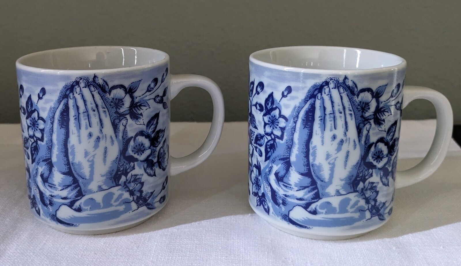 Vintage Praying Hands White and Blue Mugs / Coffee Cups Lugene’s Japan X2