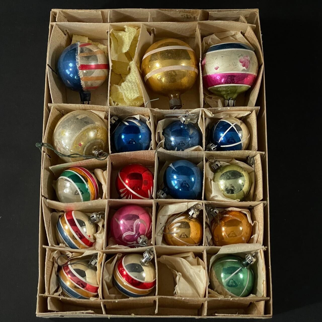 Vintage Poland Hand Blown Christmas Ornaments Multi-Color Striped Lot of 18