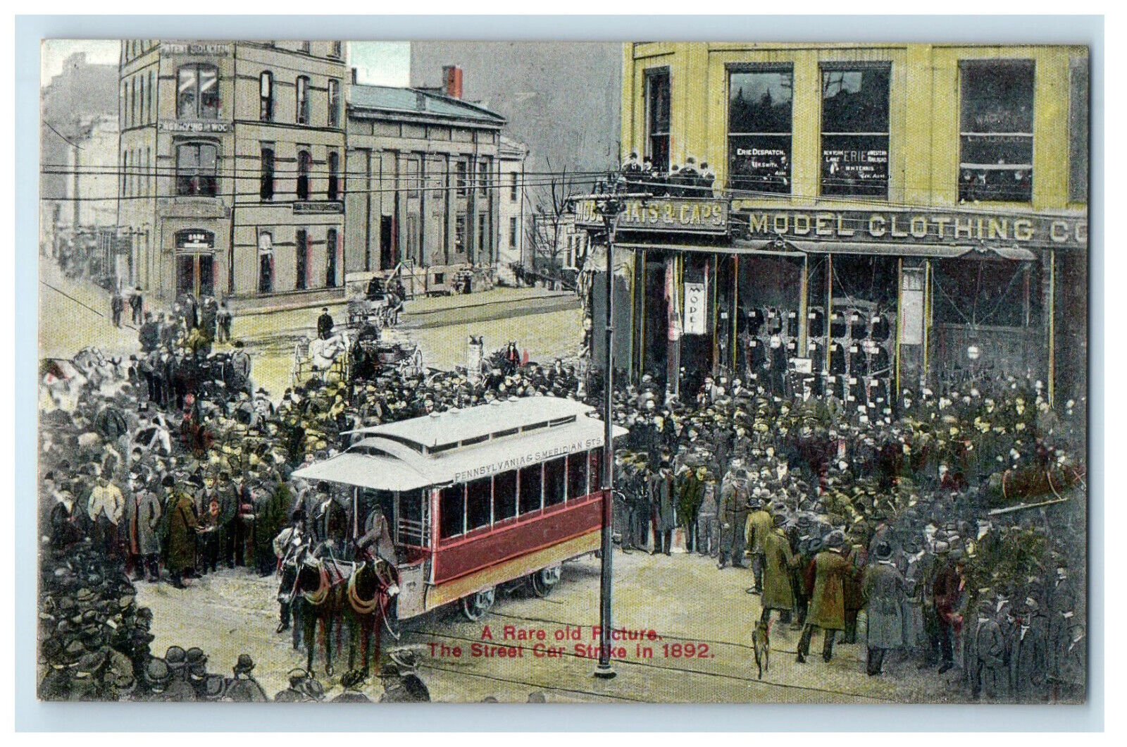 1892 Crowd Scene, Rare Old Picture Street Car Strike Indiana IN Antique Postcard